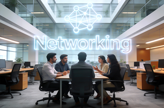 Image Alt Text Professionals collaborating and networking inside a modern coworking environment  